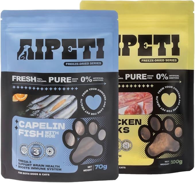 Freeze Dried Capelin Fish and Chicken Necks Treats for Cats & Dogs, Omega-3 Rich Whole Fish & Crunchy Calcium Source, Grain Free, 2-Pack