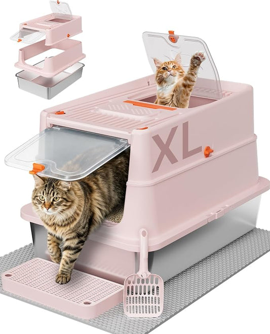 Stainless Steel Litter Box with Flip Lid, XL Extra Large Cat Litter Box with High Sided Top Entry Design, Anti-Leakage Enclosed Metal Litterbox for Big Cats, with Handle, Mat, Pedal & Scoop, Pink