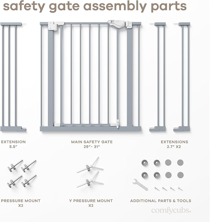 Comfy Cubs Baby Safety Gate with 3 Extensions - Adjustable 42" x 1.9" x 30" Q195 Steel Doorway Barrier - Powder-Coated Finish for Stairs and Doorways - Walk-Through Design Pet Gate - Pacific Blue