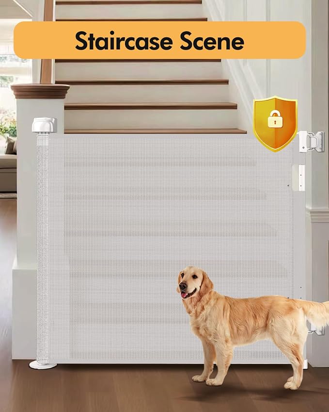 Retractable Baby Gate for Stairs & Doorways, 55" Wide x 33.6" Tall Easy Installation Mesh Dog Gate for Indoor & Outdoor Use,Pet and Dog Safety Gate for Hallways(White)