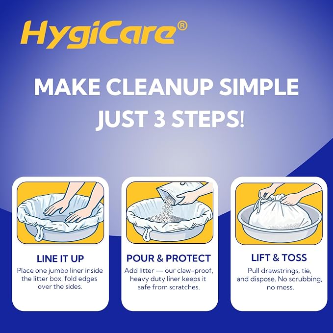 HygiCare Pre-separated Cat Litter Box Liners, Jumbo Size, Heavy Duty, Sturdy Drawstring, Tear Resistant, Claw-proof, Unscented, 36"x18", 40 Count