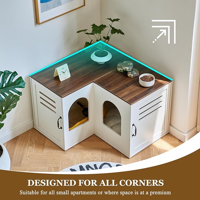 Corner Litter Box Enclosure for 2 Cats, 31.5in Hidden Litter Box Furniture, Litter Box Cabinet with Double Room, Indoor Cat House End Table, Retro White