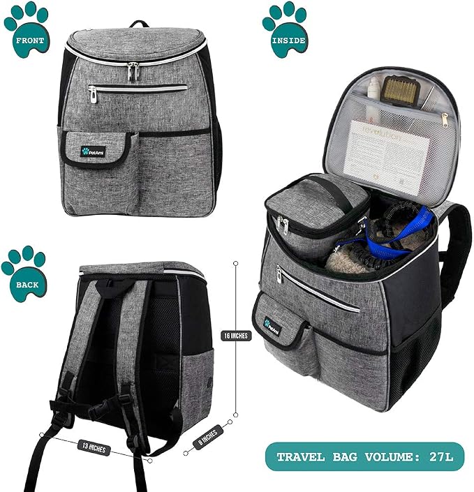 PetAmi Dog Travel Bag Backpack, 27L Airline Approved Pet Supplies Organizer with 2 Food Containers, 2 Collapsible Bowls & Poop Bag Dispenser, Weekend Road Trip Camping Dog Mom Gift, Gray