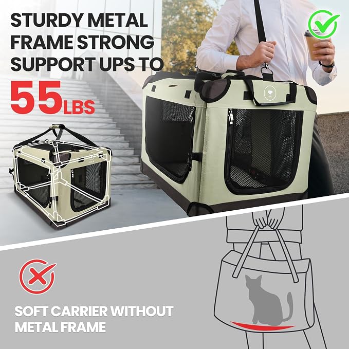 PEGIC Extra Large Cat Carrier, Brown | Soft Sided Collapsible, For Car Travel, Outdoor and Indoor Uses, Roomy Extra Large for 2 Kittens or Pets up to 50lbs