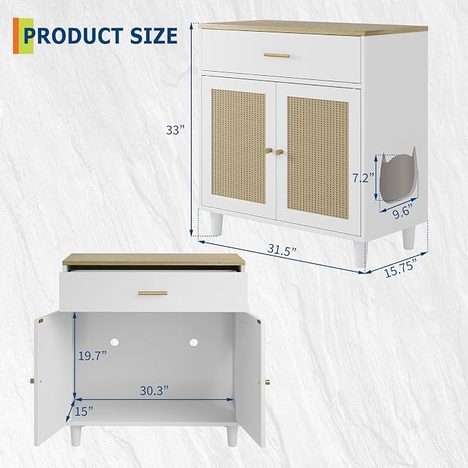 PeakPursuit Hidden Litter Box Enclosure Furniture, 31.5'' Wooden Self Cleaning Litter Box Cabinet with Storage Drawer and Sisal Doors, Corner Cat Kitten Cabinet Side Table White