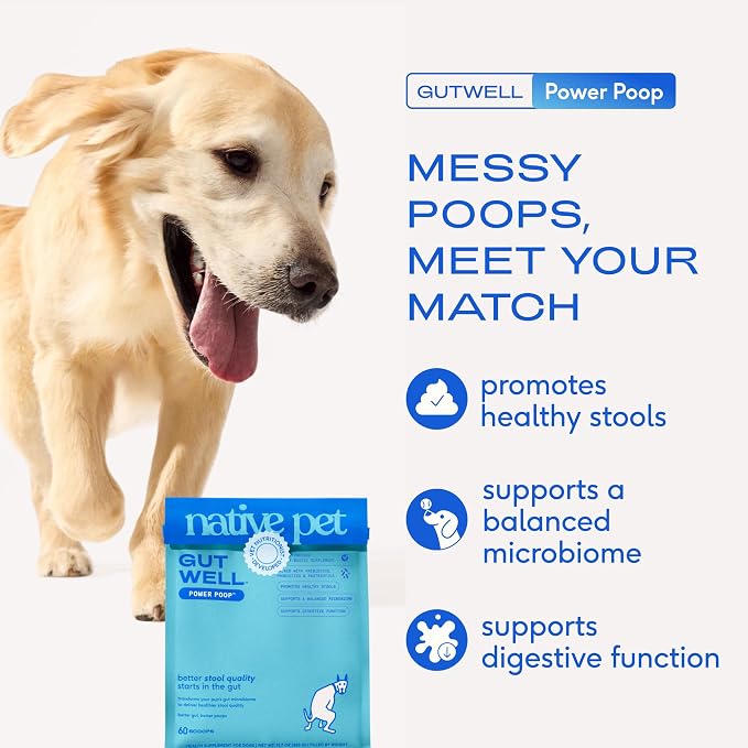 Native Pet GutWell Power Poop - Digestive Support & Fiber for Dogs - Promotes Healthy Stools, Supports Balanced Microbiome & Digestive Function - Triple-Biotic Blend & M-Fiber - 120 Scoops
