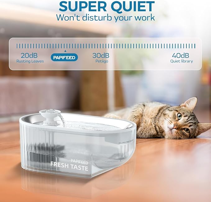 PAPIFEED Cat Water Fountain & Stainless Steel Tray (Clear+White)
