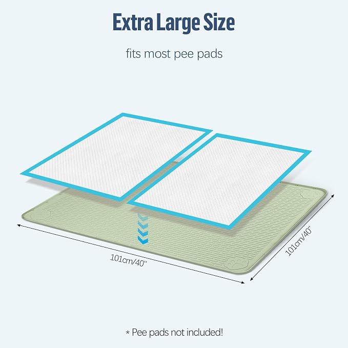 Pee Pad Holder for Dogs, 40" x 40" Silicone Pee Tray Mat Leak-Proof, High Edge, No Spill Pet Pad Holder for Puppy, Cat, Rabbit, Training Pads for Floor Protection, No Pee Pads (Green)