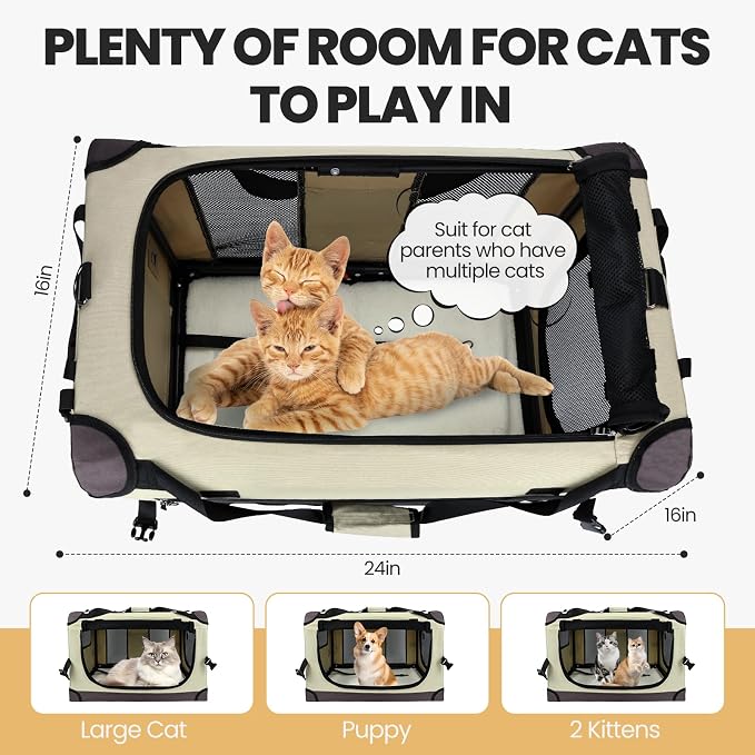 PEGIC Extra Large Cat Carrier, Brown | Soft Sided Collapsible, For Car Travel, Outdoor and Indoor Uses, Roomy Extra Large for 2 Kittens or Pets up to 50lbs