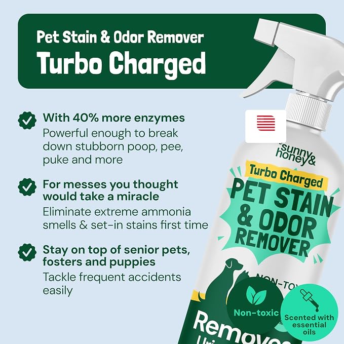 Sunny & Honey Turbo Pet Stain and Odor Remover - 40% More Enzymes - Enzyme Cleaner for Dog Urine and Poop on Carpets and Furniture - Pet Carpet Cleaner Spray (32fl oz Mint)