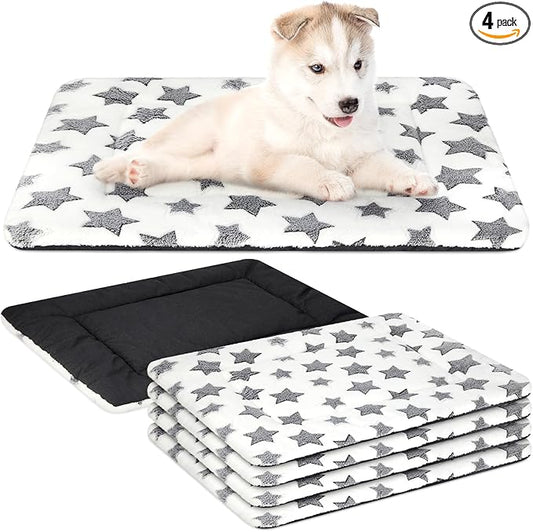 VitalCozy 4 Pcs Dog Crate Pads, Ultra Soft Warm Washable Anti-Slip Kennel Bed Mat for Pets, Reversible, Replaceable, Cage Liner for Small Medium Large Dogs and Cats(18 x 24 x 1.6 Inch,Star,White)