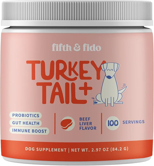 Turkey Tail Mushroom for Dogs - Lipoma Treatment & Immune Support - Fifth & Fido Mushroom Supplement for Lumps & Bumps with Probiotics - Dog Food Topper, Pet Vitamins Made in USA, 100 Servings
