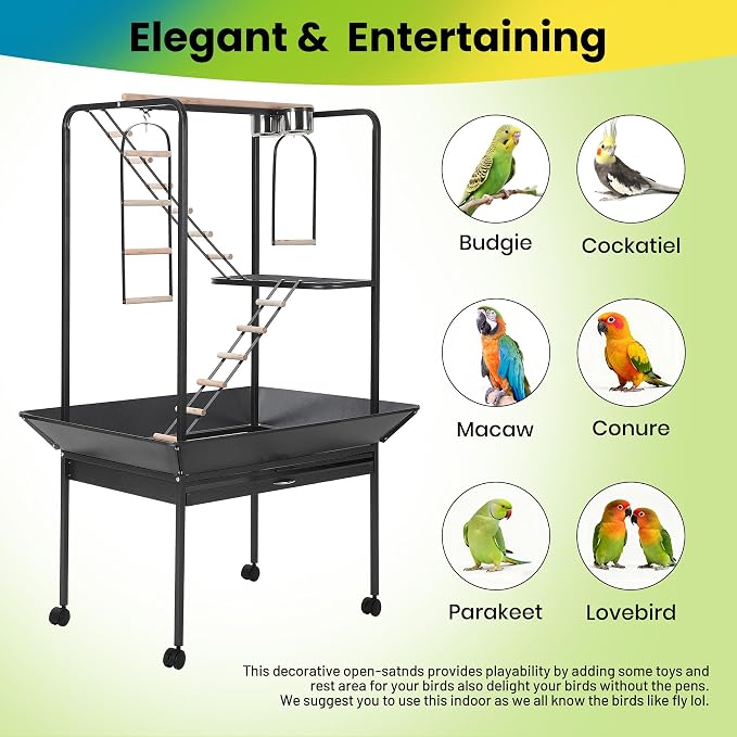 Garvee 64'' H Inch Birdcage Stand Play Center with Perches and Ladders, Indoor Outdoor Playground for Birds, Bird Playstand w/Rotated Ring Removable Tray, Lockable Caster, for Macaw and Parakeet
