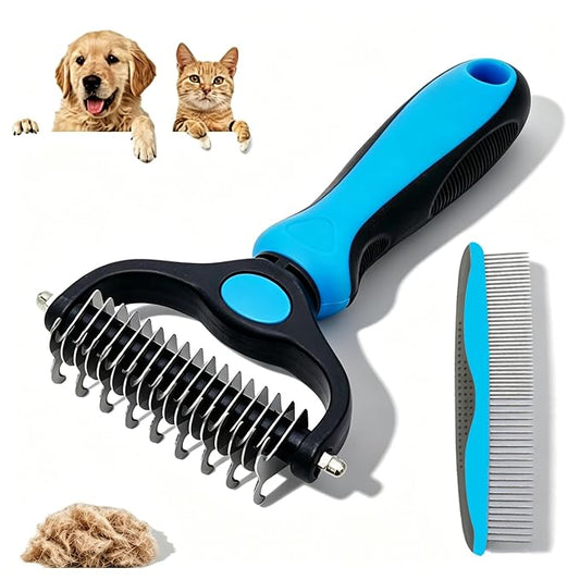 Double-sided Deshedding Pet Brush - Dual-Sided, Ergonomic & Gentle for Dogs & Cats, 2027 New Dematting Comb for Dogs Cats for Matted Fur (Blue)