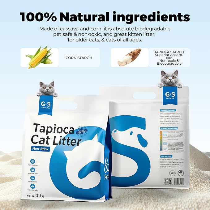 G&S Upgrade Tapioca Cat Litter – Rapid Clumping, 99.9% Dust-Free, Flushable, pH Health Test Indicator, Automatic Litter Box Friendly, Non-Stick, Unscented, 5.5lb × 3 Bags
