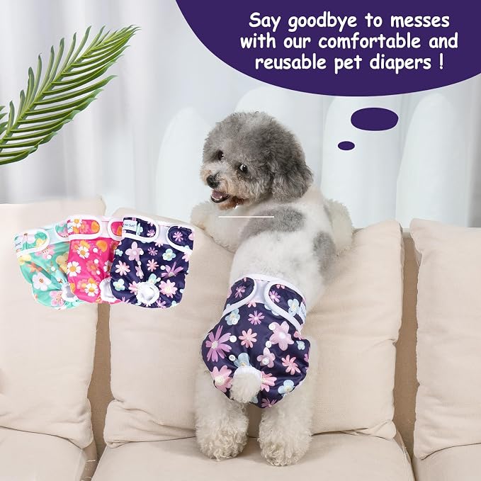 Pet Soft Washable Female Diapers (3 Pack) Female Dog Diapers, Comfort Reusable Doggy Diapers for Girl Dog in Period Heat (Bloom, M)
