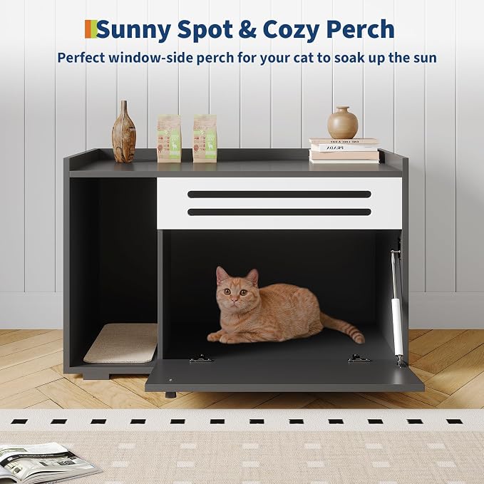GarveeLife Cat Litter Box Enclosure Furniture Hidden Litter Box Cabinet Indoor Cat Washroom Pet House Dog Proof Hideaway Kitty Flip-down Opening Litter Box Enclosure - Black