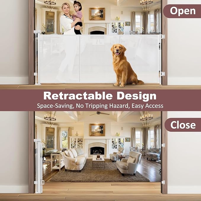 Reinforced 41 Inch Tall Retractable Dog Gate 80 Inch Extra Wide Baby Gate with Support Rods – Prevents Crawling Under, Indoor Retractable Baby Gates Outdoor Extra Tall Pet Gate, White