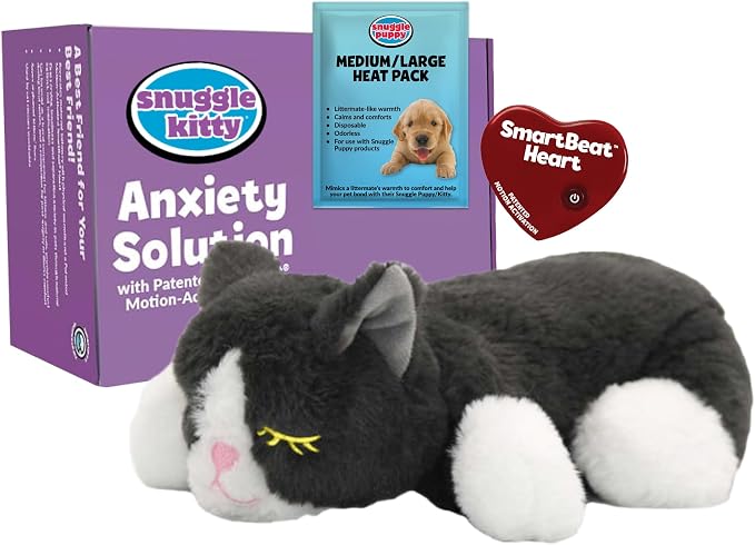 Snuggle Kitty Heartbeat Cat Toy for Kittens and Cats with Real-Feel Pulse and Heat Pack, Calming Sleep Aid for Cat Anxiety, New Kitten Essentials - Grey and White