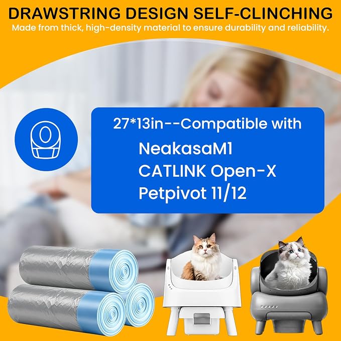 160 Count Drawstring Cat Litter Box Liners, Durable Cat Litter Bags Compatible with NeakasaM1 & CATLINK Open-X & Petpivot 11/12 Self-Cleaning Litter Box, 27"x13"