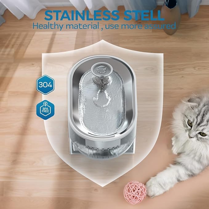 PAPIFEED Cat Water Fountain & Stainless Steel Tray (Clear+White)