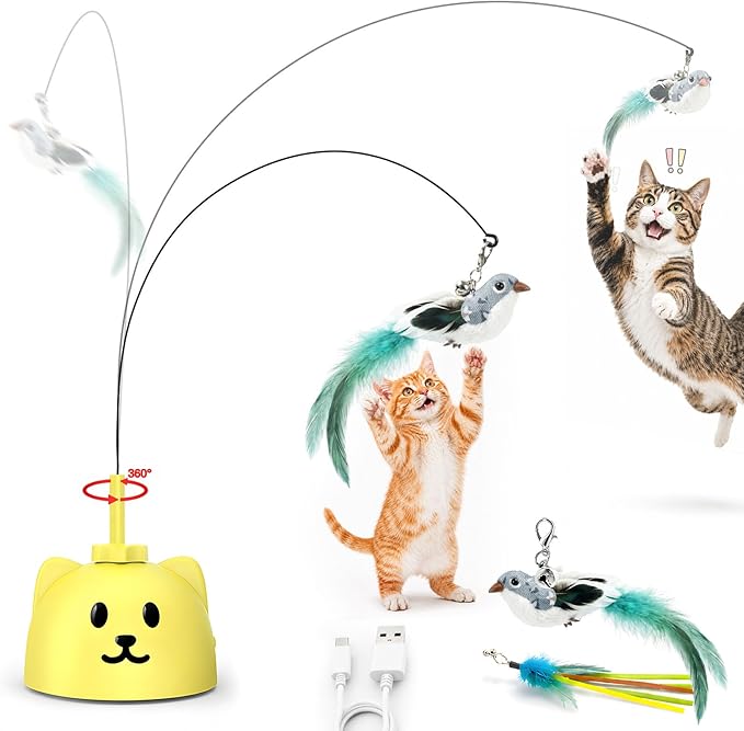 CATPICK Interactive Cat Toys for Indoor Cats - Automatic Flying Bird Feather Toy, USB Rechargeable Electric Cat Teaser with Strong Sticky Base, Smart Motion Self-Play Toy for Bored Cats(Yellow)