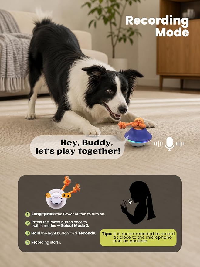 Smart Interactive Dog Toys, 3 Play Modes Smart Moving Bouncing Dogs Ball with Rope, Moving Dog Toy Ball with RGB Lights, Stimulating Sound, Voice Recording, Automatic Dog Toy for Medium & Large Dogs