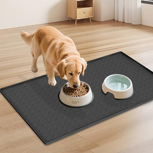 Extra Large Silicone Dog Food Mat 33.9"x21.9" – 0.27" Raised Edge Waterproof Pet Feeding Mat, Non-Slip Placemat for Multiple Bowls, Auto Feeders, Cat Fountains, Dishwasher Safe (Black/Gray)