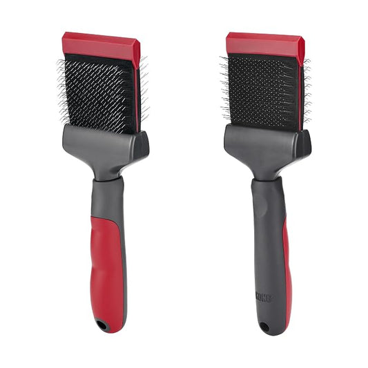 KONG Double-Sided Flexible Slicker Brush – De-Shedding & Detangling Tool, Padded Grip, Long Metal Pins, Flexible Head, for Medium to Large Dogs with Medium to Long Coats, Red/Gray