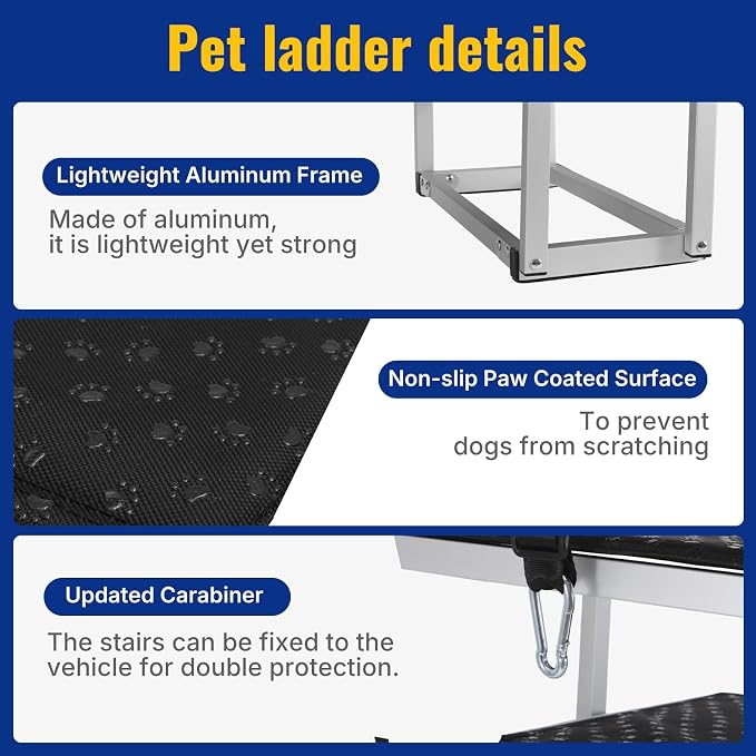 Foldable Dog Ramp for Car - Lightweight Aluminum Dog Stairs for Large Dogs, 5-Step Dogs Ladder for SUV/Truck/Indoor Bed and Sofas, Portable Pet Steps with 154 lbs Capacity