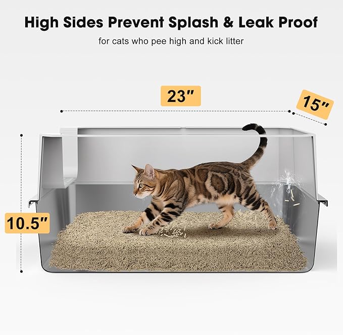 FURTIME Stainless Steel Cat Litter Box, Easy-Clean High-Sided Metal Litter Box, Open-Top Litter Pan for Large Cats, Includes Scoop & Mat, Non-Stick, Anti-Leakage, 23"×15"×10.5"