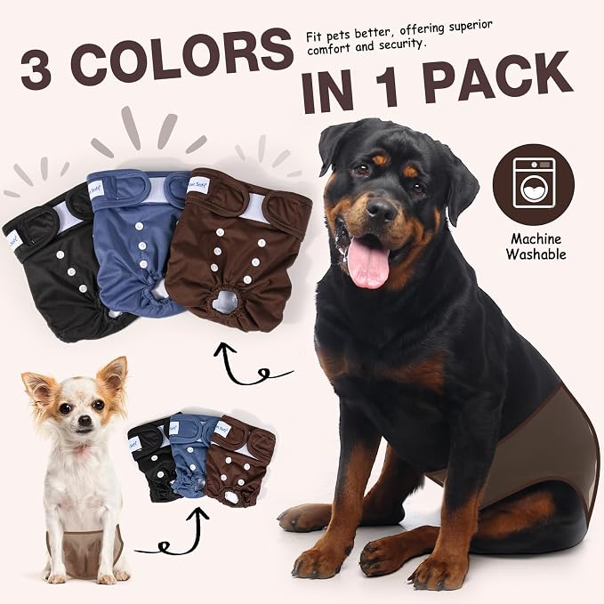 Pet Soft Washable Female Diapers (3 Pack) Female Dog Diapers, Comfort Reusable Doggy Diapers for Girl Dog in Period Heat (Deep Set, M)