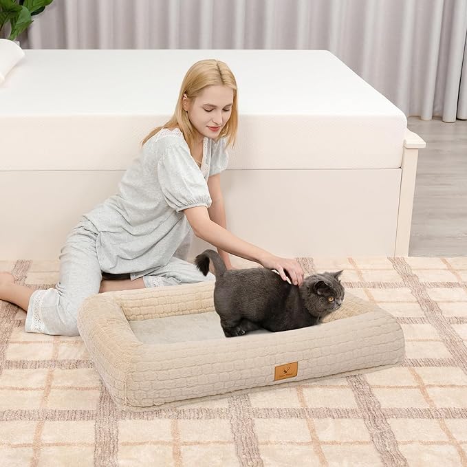Plush Orthopedic Dog Bed for Medium Large Dogs, Memory Foam Bolster Sofa Bed with Removable Washable Cover, Waterproof Lining & Non-Slip Bottom (Tan-L)