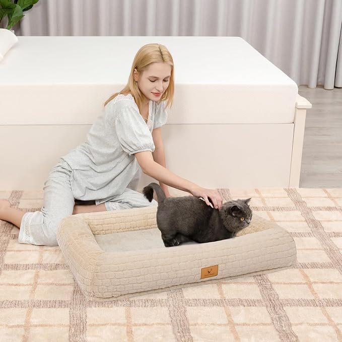 Plush Orthopedic Dog Bed for Medium Large Dogs, Memory Foam Bolster Sofa Bed with Removable Washable Cover, Waterproof Lining & Non-Slip Bottom (Tan-S)