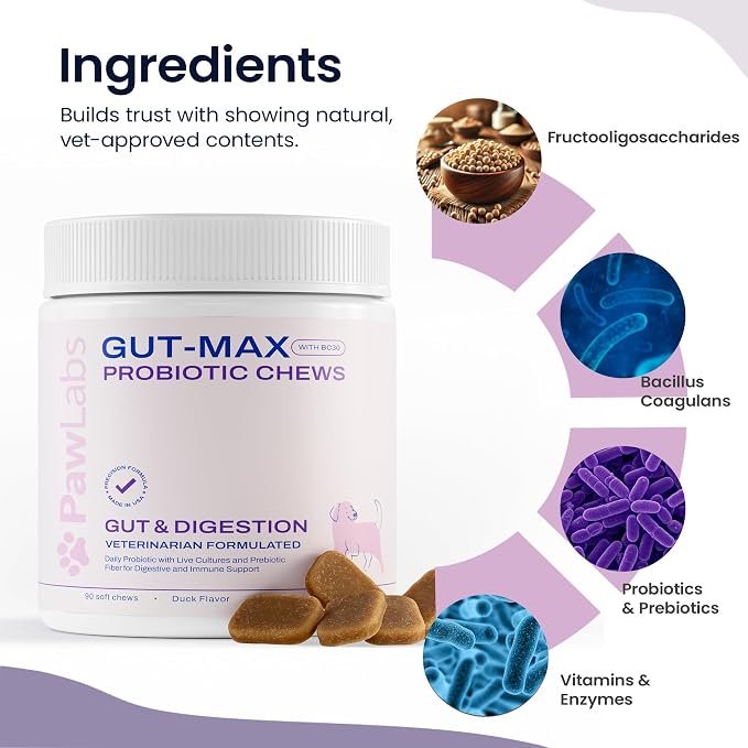 PAWLABS Gut Max Probiotic Chews - Natural, Vet Formulated Digestive & Immune Support - Relieves Diarrhea, Constipation - with Patented BC30™ Bacillus Coagulans - Duck Flavor - 90 Soft Chews