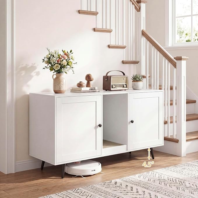 Tangkula Double Cat Litter Box Enclosure, Large Hidden Wooden Cat Cabinet for 2 Cats with Scratching Pad, Double Rooms, Versatile TV Stand Side Table for Indoor Living Room (White)