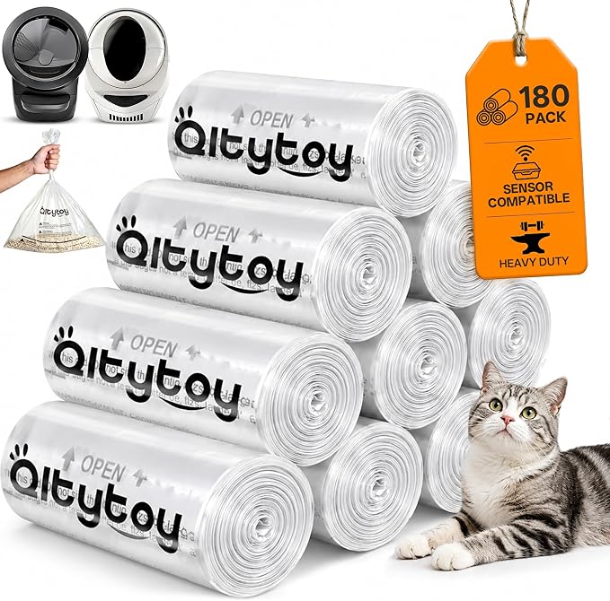 180 Pack Automatic Cat Litter Box Waste Bags Compatible with Litter Robot 5/4/3, 30LBS Heavy Duty Litter Box Liners,Transparent,Sensor-Compatible,9-11 Gallon,Leak-Proof,Replacement Cat Waste Liners