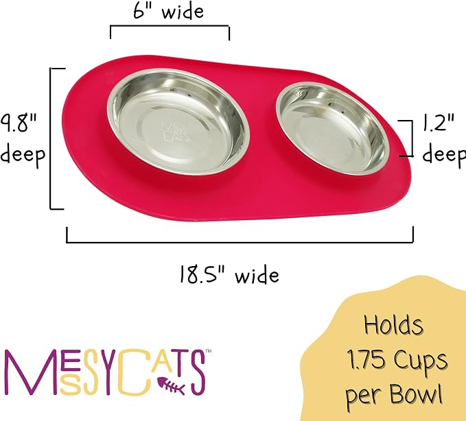 Messy Cats Double Silicone Feeder with Stainless Saucer Shaped Bowl | Anti-Slip Non-Skid Cat Food Bowls | Two Cat Bowls in Feeding/Water Station | 1.75 Cups per Bowl (Watermelon)