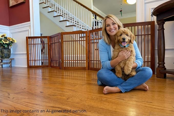 Urnporium Freestanding Wooden Dog Gate Foldable Indoor Pet Gate No Drill Expandable Barrier for Doorways Stairs Hallways Portable Wood Fence for Small Dogs & Puppies (Brown Pet Gate, 5 Panel 24" Tall)