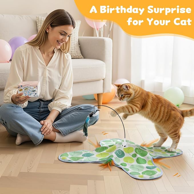 Interactive Cat Toys with Bird, Hide and Seek Cat Toy, 2 in 1 Automatic Moving Concealed Feathers for Indoor Cats, Non-Slip Suction, Touch Activated, USB Rechargeable, Green