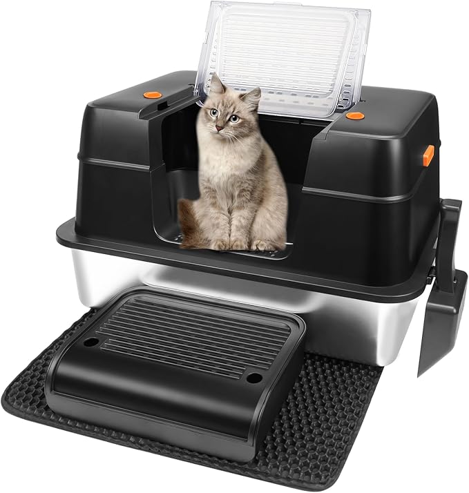 Vivifying Stainless Steel Litter Box, XL Side Entry Extra Large Litter Box with Lid for Big Cats & Kitty, Removable Enclosed Metal Cat Pan with High Sided Enclosure, Scoop (Black)