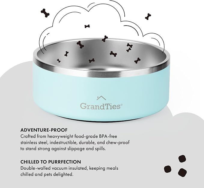 GrandTies Stainless Steel Dog Bowl | Engraved Reusable BPA-Free Insulated Cat & Dog Bowls | Large Heavy Duty Non Skid Spill Proof Bowl | Outdoor Dog Water Bowl (42oz, Powder Green)