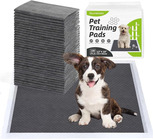 Jollywoods Disposable Dog Pee Pads, 13" x 18", 100 Counts | Odor-Control Bamboo Charcoal Fiber, Super Absorbent & Leak Proof, Quick Dry, For Dogs, Cats & Rabbits