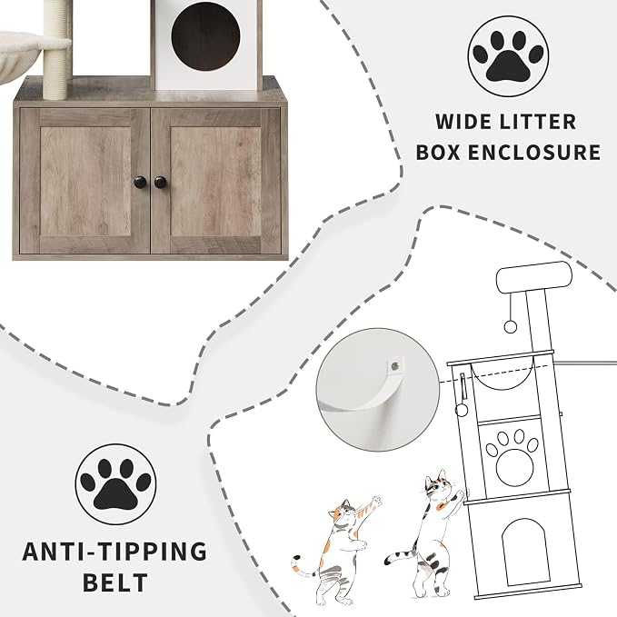 GAOMON Litter Box Enclosure with Cat Tree Tower 2-in-1 Modern Hidden Pet Washroom Furniture with Condo Hammock Scratching Posts and Multiple Soft Perches