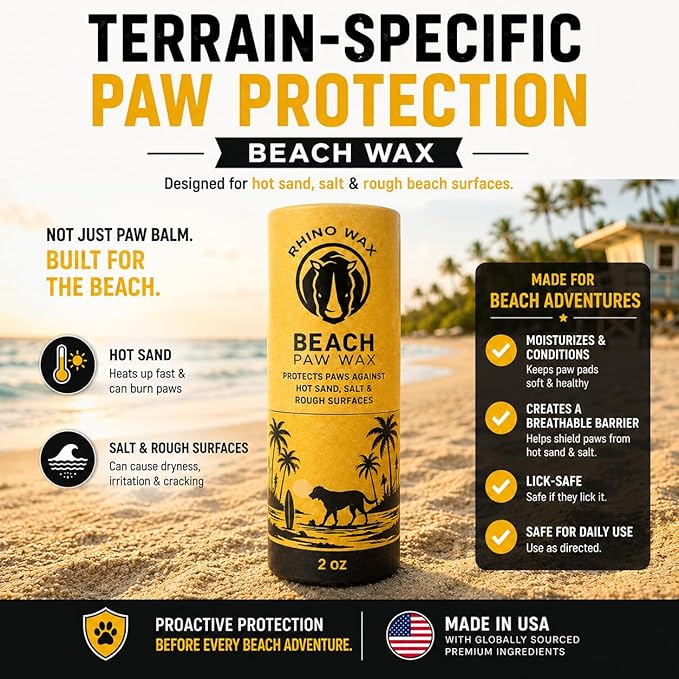 Rhino Wax - Dog Paw Beach Wax 2oz - Protects Against Sharp Rocks, Hot Sand, Glass, Coral, or Other Hazards at Beaches - Moisturizes and Improves Elasticity - Lick Safe - Natural Ingredients - USA Made