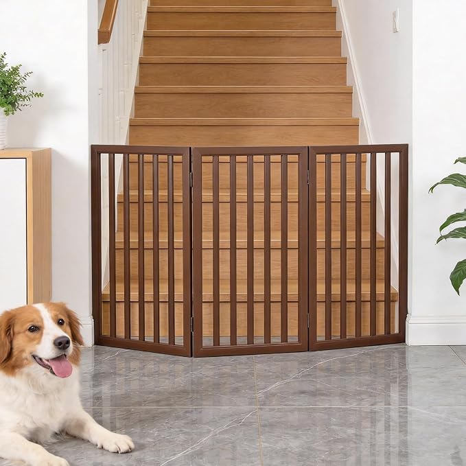 Dog Gate Indoor, Freestanding Dog Fence for The House, Doorways, Hallways,or Stairs,Pet Gate Foldable Wooden,Expandable 32" Height 3 Panels,Brown