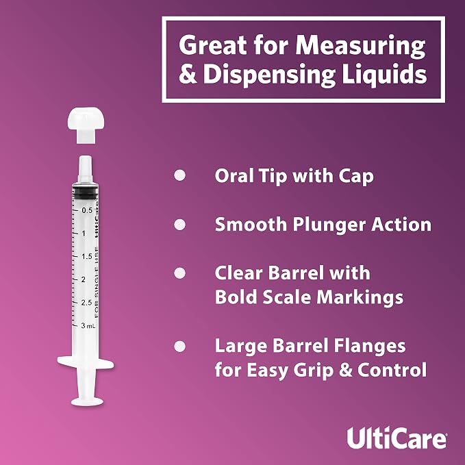UltiCare 3mL Oral Tip Syringe – Uses Include Oral Administration of Medicine for Infants, Toddlers and Small Pets, and Small HH Projects. with Cap, Sterile Individually Wrapped, 100 Count