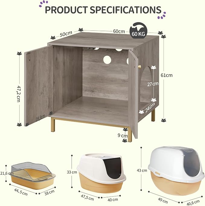 Hzuaneri Cat Litter Box Enclosure, Hidden Litter Box Furniture Cabinet, Wooden Indoor Cat House, Side End Table, Living Room, Bedroom, Greige and Gold CB81205G