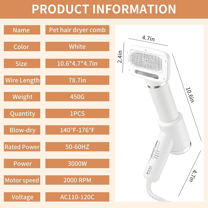 Dog Grooming Dryer with Slicker Brush, 3 in 1 Professional Portable Pet Dryer for Dogs Cats Adjustable Temperature Speed Settings, Pet Blow Brush for Home Travel Use (White)