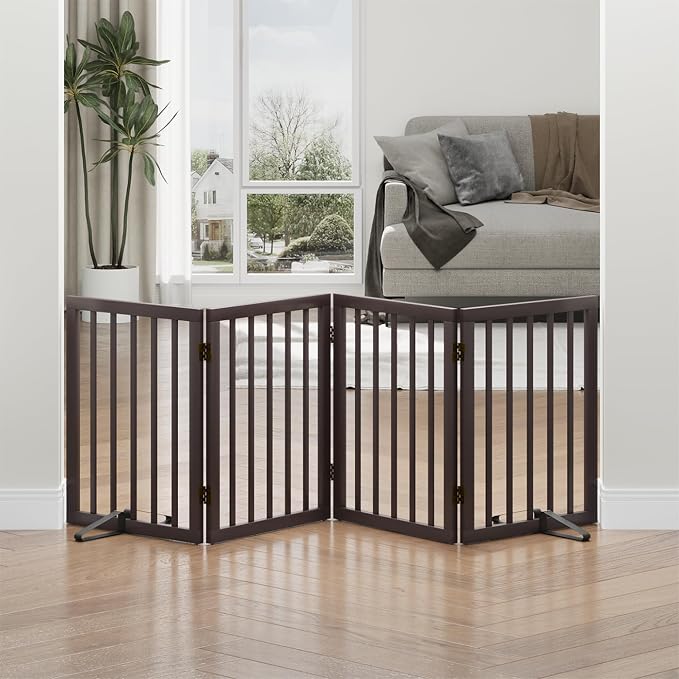 Dog Gates for Doorways, Foldable Dog Gate Indoor, Freestanding Pet Gates for Doorways Bedroom, Puppy Gate with Metal Support Feet, Room Divider 4 Panels (Brown)